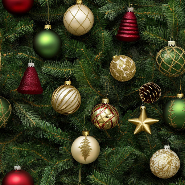 christmas ornaments,, fabric panel, evergreen branches, gold ornaments, red ornaments, green ornaments, burgundy ornaments, cream ornaments, geometric patterns, diamond quilting, striped designs, star ornament, pine cone, christmas tree motif, holiday fabric, festive colors, metallic accents, realistic style, winter theme