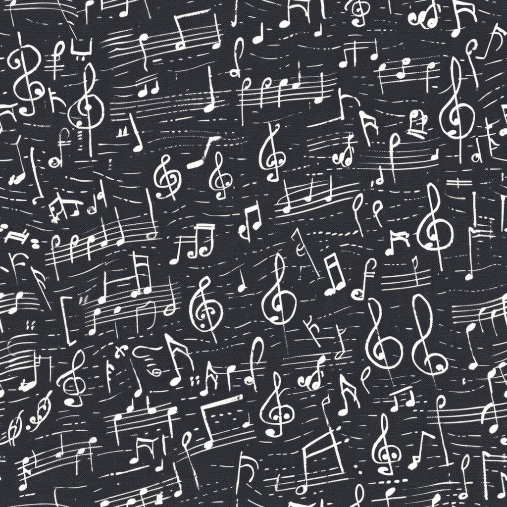 black background, white musical notes, treble clefs, staff lines, sheet music, handwritten style, music symbols, scattered pattern, high contrast, monochrome,, fabric panel, musical theme, artistic design, repeating motif, vintage feel, creative design, crafting material