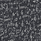 black background, white musical notes, treble clefs, staff lines, sheet music, handwritten style, music symbols, scattered pattern, high contrast, monochrome,, fabric panel, musical theme, artistic design, repeating motif, vintage feel, creative design, crafting material
