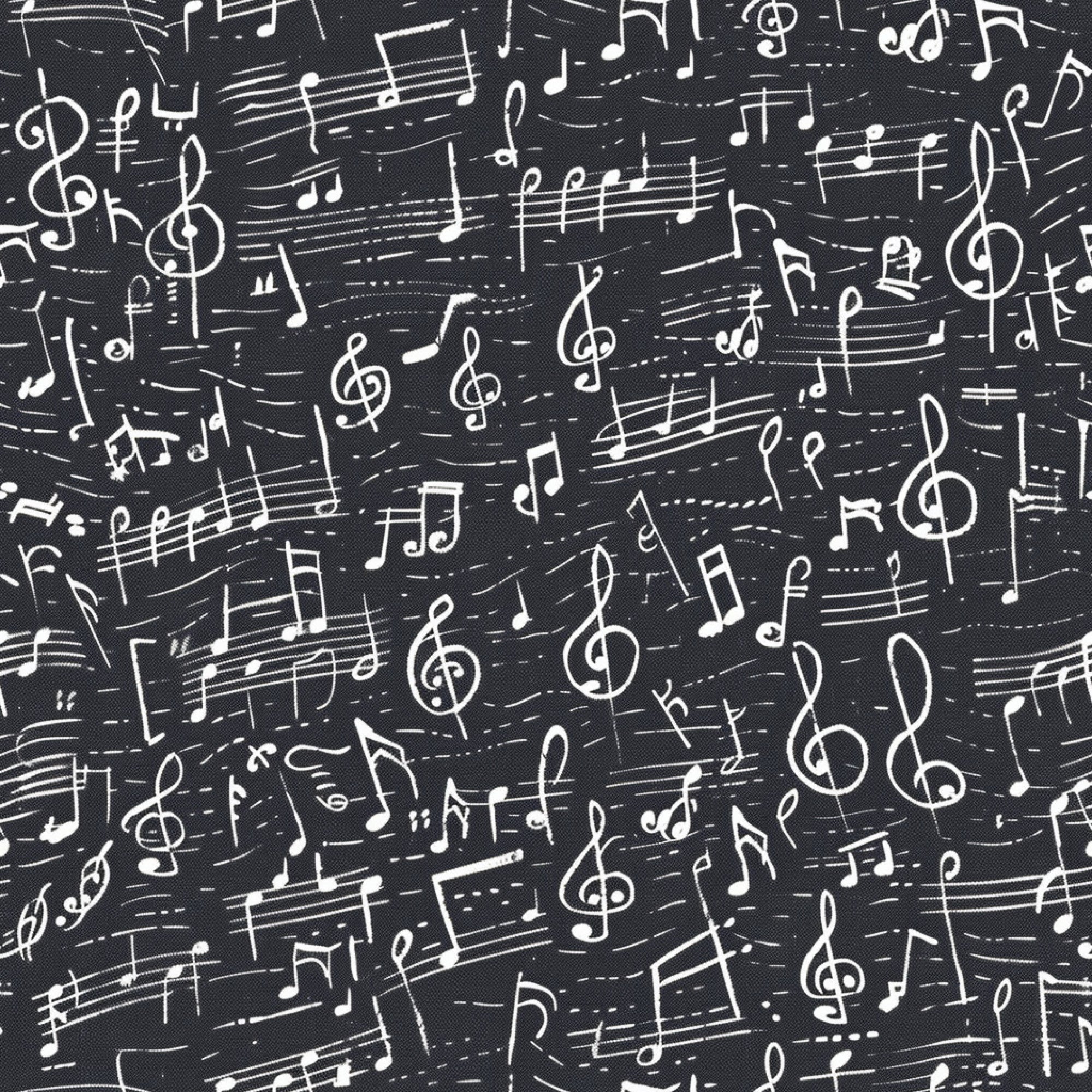 black background, white musical notes, treble clefs, staff lines, sheet music, handwritten style, music symbols, scattered pattern, high contrast, monochrome,, fabric panel, musical theme, artistic design, repeating motif, vintage feel, creative design, crafting material