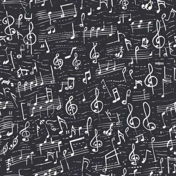black background, white musical notes, treble clefs, staff lines, sheet music, handwritten style, music symbols, scattered pattern, high contrast, monochrome,, fabric panel, musical theme, artistic design, repeating motif, vintage feel, creative design, crafting material