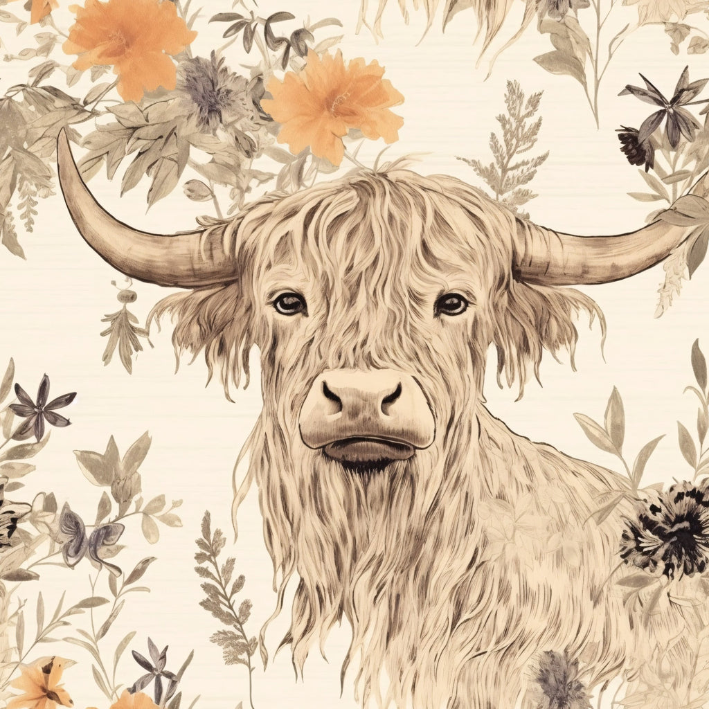highland cow, floral pattern, beige background, orange flowers, botanical elements, long horned cattle, shaggy fur, watercolor style, neutral tones, cream colored,, fabric panel, rustic charm, farm animal, sepia tones, vintage illustration, pastoral scene, earthy palette, soft textures, countryside theme