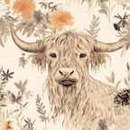 highland cow, floral pattern, beige background, orange flowers, botanical elements, long horned cattle, shaggy fur, watercolor style, neutral tones, cream colored,, fabric panel, rustic charm, farm animal, sepia tones, vintage illustration, pastoral scene, earthy palette, soft textures, countryside theme