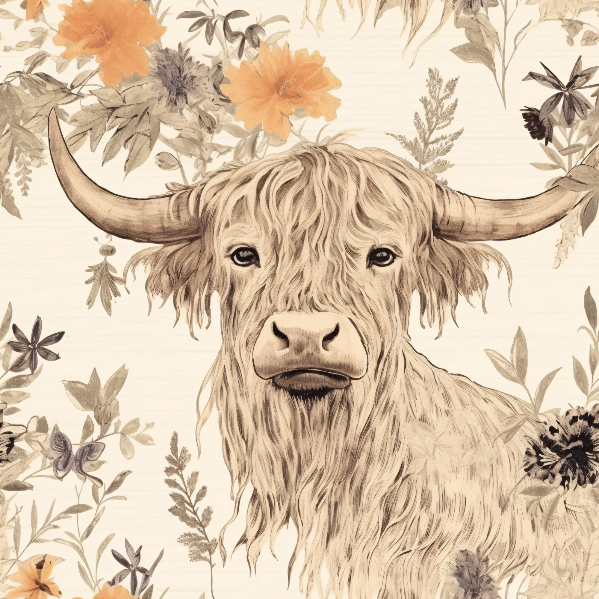 highland cow, floral pattern, beige background, orange flowers, botanical elements, long horned cattle, shaggy fur, watercolor style, neutral tones, cream colored,, fabric panel, rustic charm, farm animal, sepia tones, vintage illustration, pastoral scene, earthy palette, soft textures, countryside theme