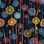 midnight blue, black background, dandelions, fireworks, yellow blooms, blue flowers, pink accents, orange details, colorful bursts, radiating patterns, seed heads, whimsical flora, magical garden,, fabric panel, botanical design, vibrant colors, scattered dots, nature motif, contemporary style