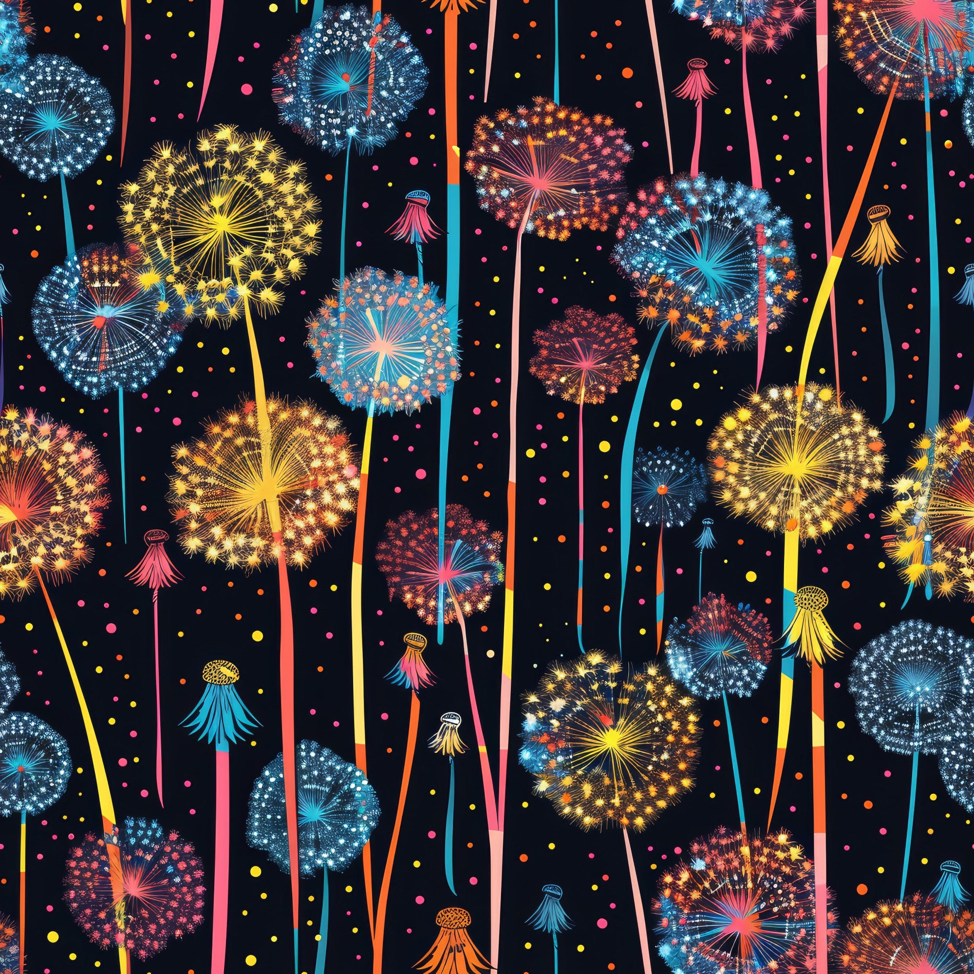 midnight blue, black background, dandelions, fireworks, yellow blooms, blue flowers, pink accents, orange details, colorful bursts, radiating patterns, seed heads, whimsical flora, magical garden,, fabric panel, botanical design, vibrant colors, scattered dots, nature motif, contemporary style