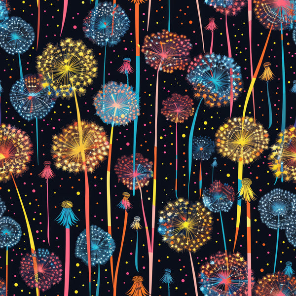 midnight blue, black background, dandelions, fireworks, yellow blooms, blue flowers, pink accents, orange details, colorful bursts, radiating patterns, seed heads, whimsical flora, magical garden,, fabric panel, botanical design, vibrant colors, scattered dots, nature motif, contemporary style