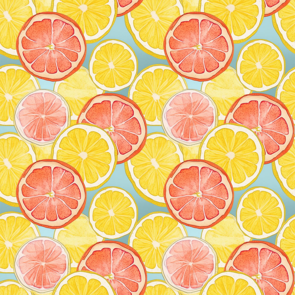 citrus slices, lemon slices, grapefruit slices, orange slices, yellow, coral pink, peachy pink, mint green, turquoise blue, watercolor style, fruit pattern, summer vibes, fresh fruit,, fabric panel, botanical design, citrus medley, bright colors, repeating pattern, tropical feel
