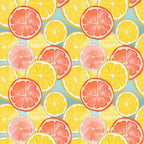 citrus slices, lemon slices, grapefruit slices, orange slices, yellow, coral pink, peachy pink, mint green, turquoise blue, watercolor style, fruit pattern, summer vibes, fresh fruit,, fabric panel, botanical design, citrus medley, bright colors, repeating pattern, tropical feel