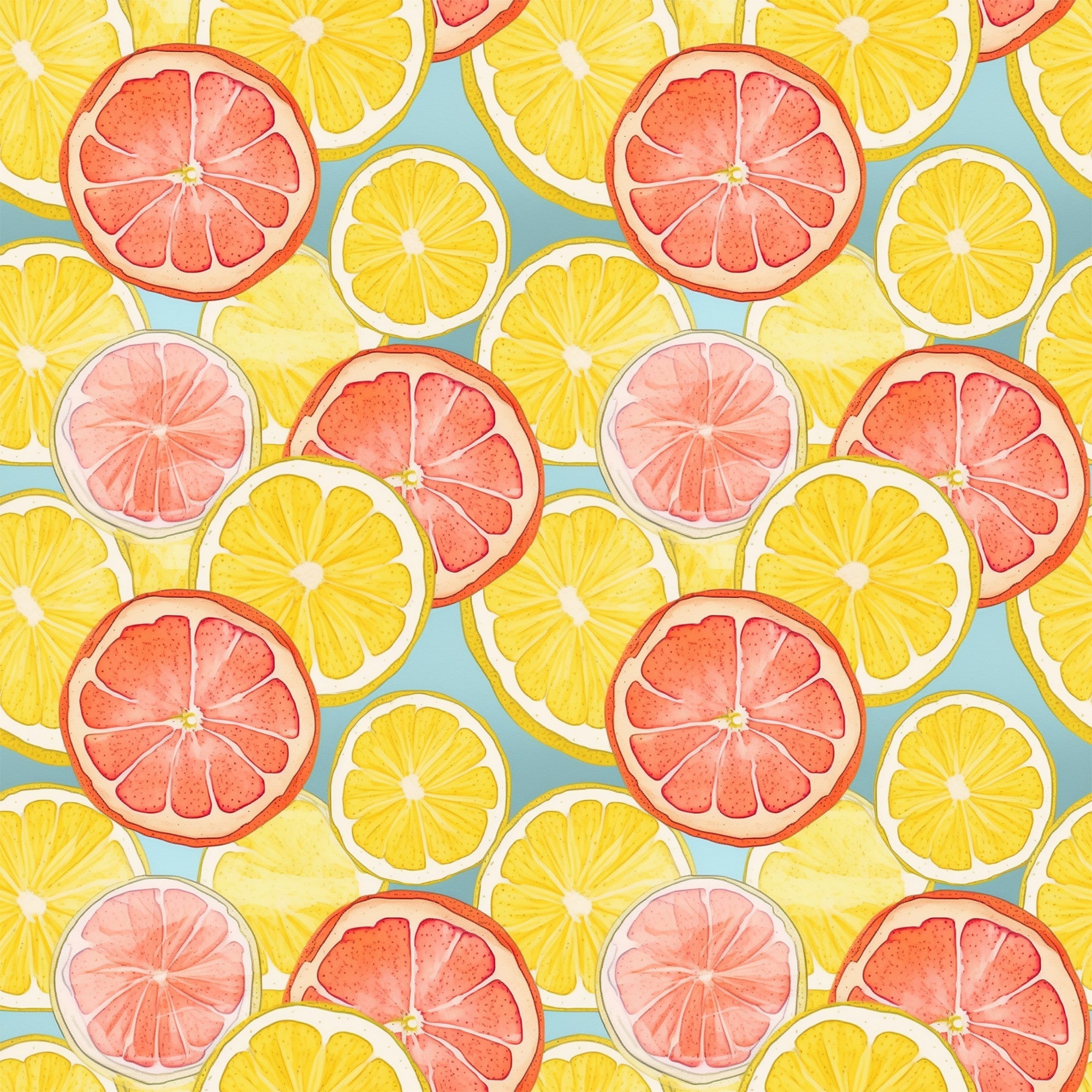 citrus slices, lemon slices, grapefruit slices, orange slices, yellow, coral pink, peachy pink, mint green, turquoise blue, watercolor style, fruit pattern, summer vibes, fresh fruit,, fabric panel, botanical design, citrus medley, bright colors, repeating pattern, tropical feel