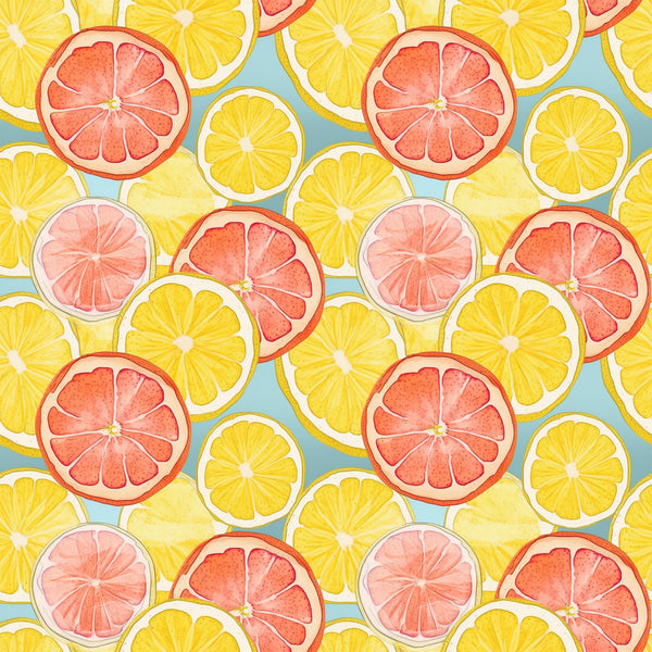 citrus slices, lemon slices, grapefruit slices, orange slices, yellow, coral pink, peachy pink, mint green, turquoise blue, watercolor style, fruit pattern, summer vibes, fresh fruit,, fabric panel, botanical design, citrus medley, bright colors, repeating pattern, tropical feel