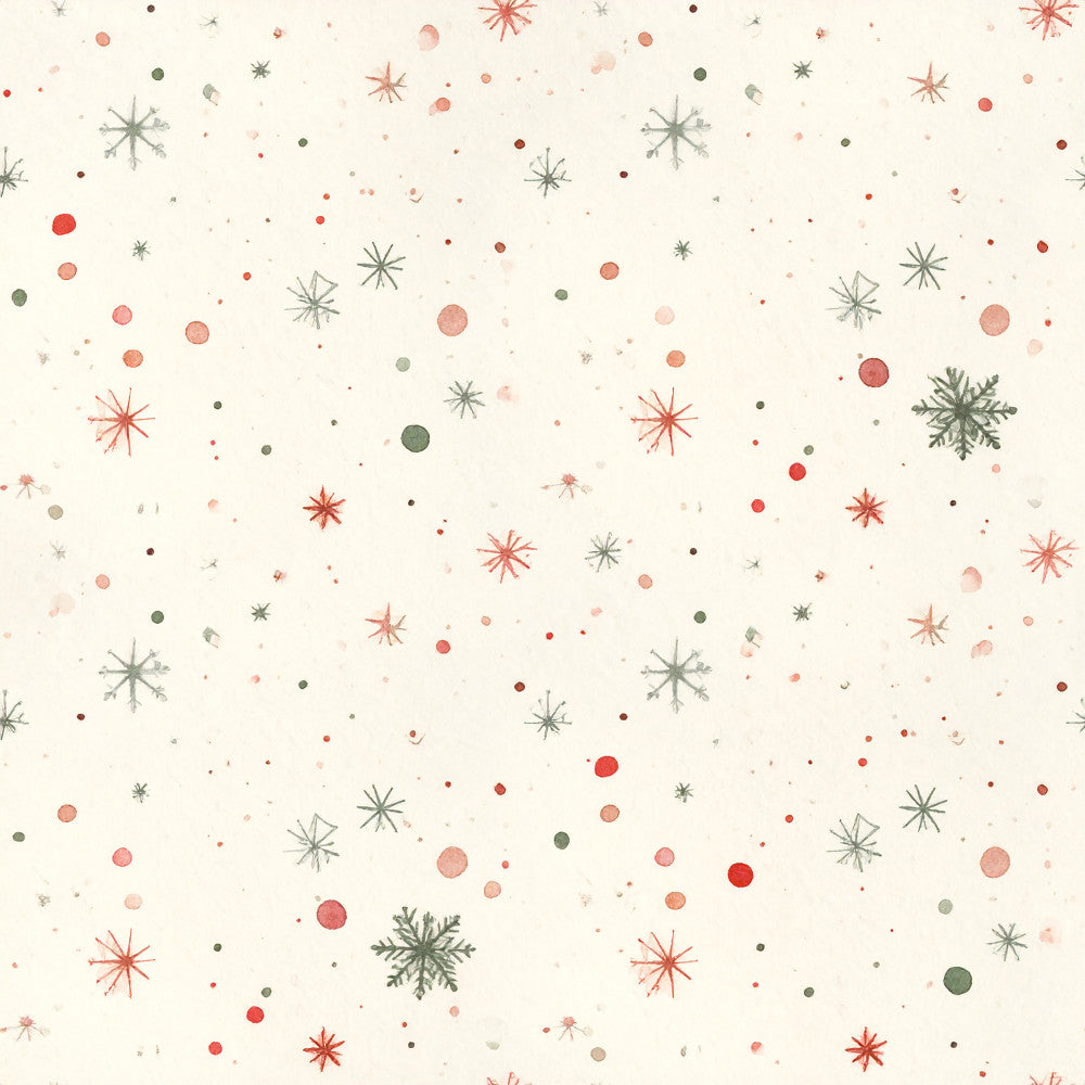 coral red, dusty rose, sage green, cream, beige, snowflakes, stars, winter, christmas, holiday, festive, geometric, celestial, modern, whimsical, elegant, vintage, nature-inspired, scattered pattern, multi-colored, pastel, muted tones, nursery, kids room, baby shower, cozy, decorative, seasonal, winter wonderland