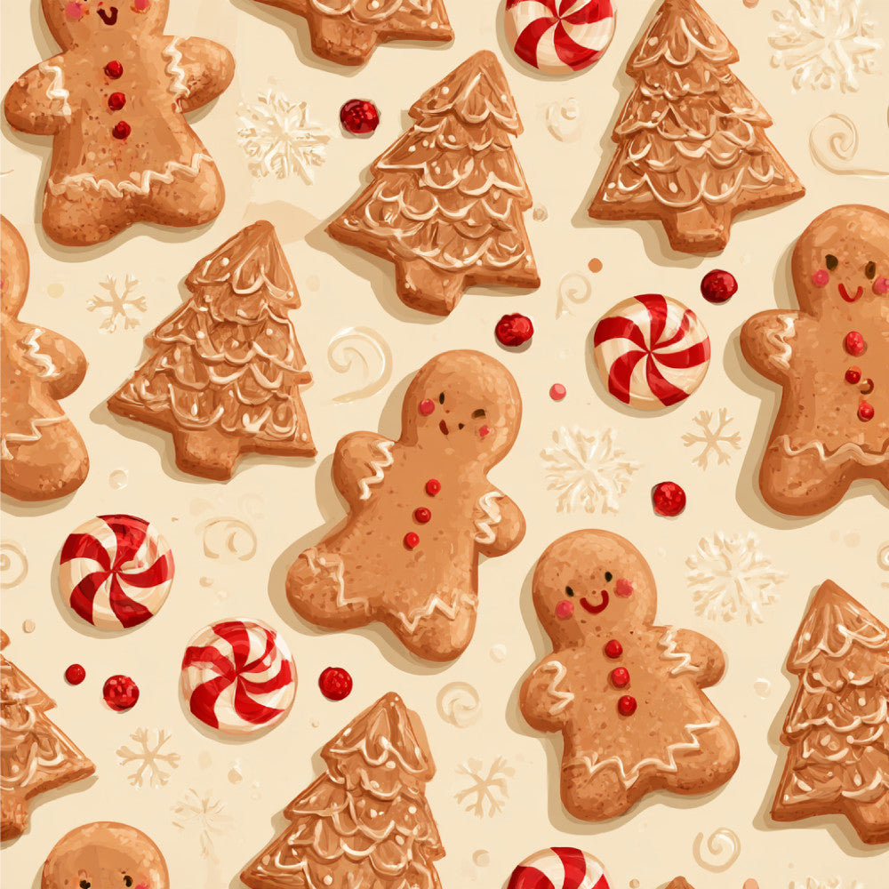 gingerbread, peppermint candy, christmas, holiday, festive, cream, tan, brown, red and white, gingerbread man, gingerbread house, candy cane, snowflake, whimsical, playful, traditional, kids, children, nursery, playroom, baking theme, sweet treats, seasonal, winter, decorative, cute faces, red ornaments, vintage christmas
