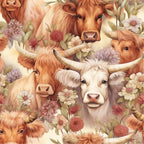 highland cows, floral pattern, rustic cattle, warm browns, cream colors, soft pastels, pink flowers, green leaves, horned cattle, pastoral scene,, fabric panel, country style, farm animals, botanical elements, gentle mood, peachy tones, lavender blooms, seamless design, cottagecore aesthetic
