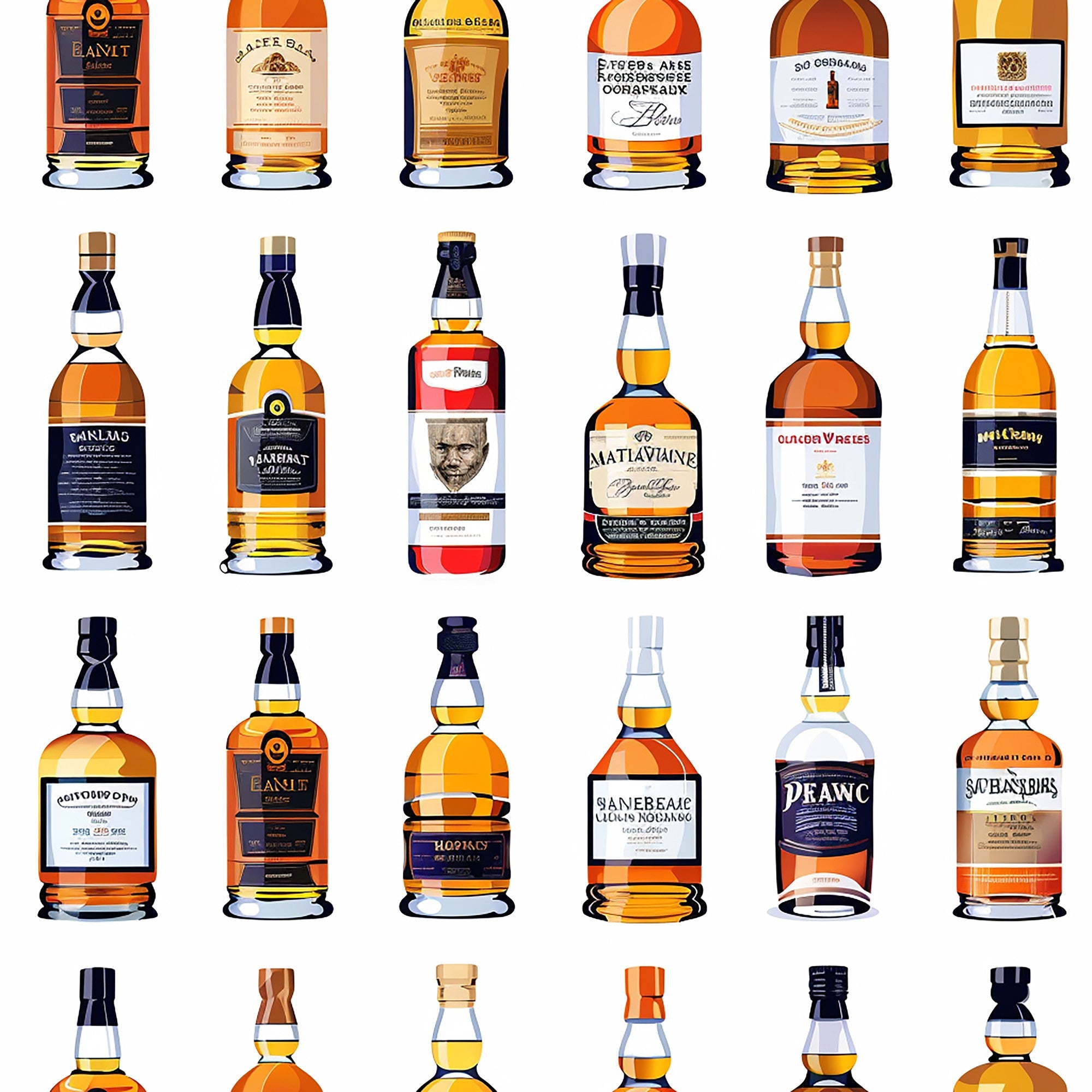 whiskey bottles, scottish theme, amber liquid, golden brown, orange tones, navy blue, cream colored, bottle collection, alcohol pattern,, fabric panel, beverage design, scottish whisky, bottle shapes, liquid amber, warm colors, distillery theme, spirits pattern, bottle labels, drinking culture
