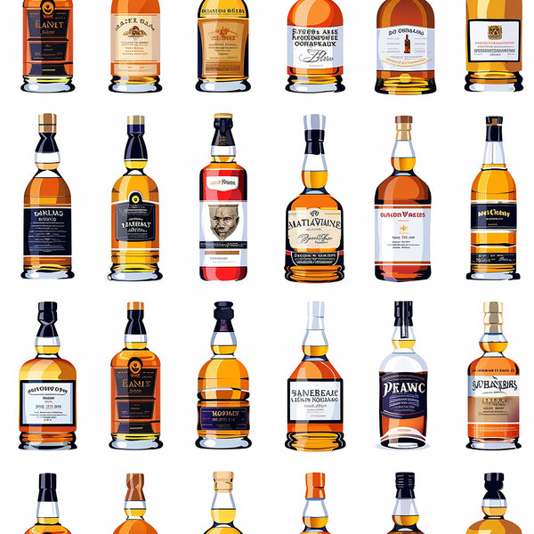 whiskey bottles, scottish theme, amber liquid, golden brown, orange tones, navy blue, cream colored, bottle collection, alcohol pattern,, fabric panel, beverage design, scottish whisky, bottle shapes, liquid amber, warm colors, distillery theme, spirits pattern, bottle labels, drinking culture