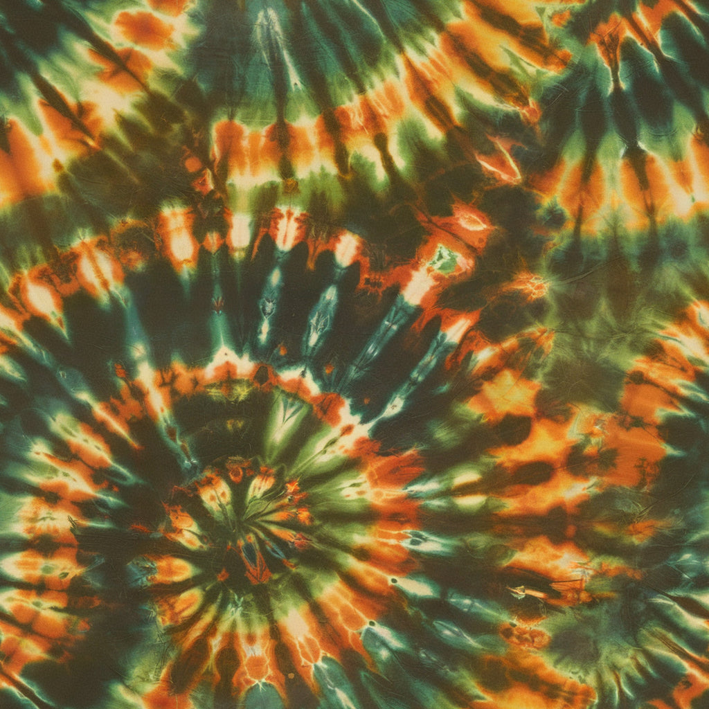 tie dye, spiral pattern, radiating design, orange, green, teal, white, black, retro style, psychedelic, swirled colors, burst pattern, circular design, groovy, vintage inspired,, fabric panel, hippie aesthetic, color bleeding, dye technique
