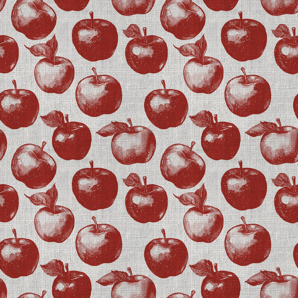 red apples, cream white, crimson red, apple pattern, fruit print, orchard theme, vintage style, farmhouse aesthetic, rustic design, classic pattern, kitchen decor, fall harvest, autumn, nature inspired, botanical, retro fabric, traditional design, countryside, apple orchard, food theme, culinary print, heritage pattern, cottage style, homespun, timeless design, nursery, kids room, children's fabric, whimsical fruit