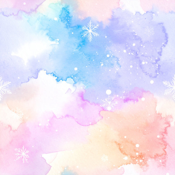 pastel blue, pastel pink, pastel purple, lavender, sky blue, soft yellow, peach, watercolor, abstract, gradient, ombre, snowflakes, winter, christmas, holiday, celestial, whimsical, dreamy, magical, soft, gentle, nursery, baby room, kids room, gender neutral, frozen, snow theme, sparkly, glitter effect, bokeh