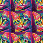 colorful cats, rainbow colors, psychedelic art, neon pink, bright green, electric blue, orange accents, yellow highlights, purple background, pop art style, vibrant felines,, fabric panel, digital art, contemporary design, eye-catching, kaleidoscope effect, multicolored fur, artistic cats, crafting material