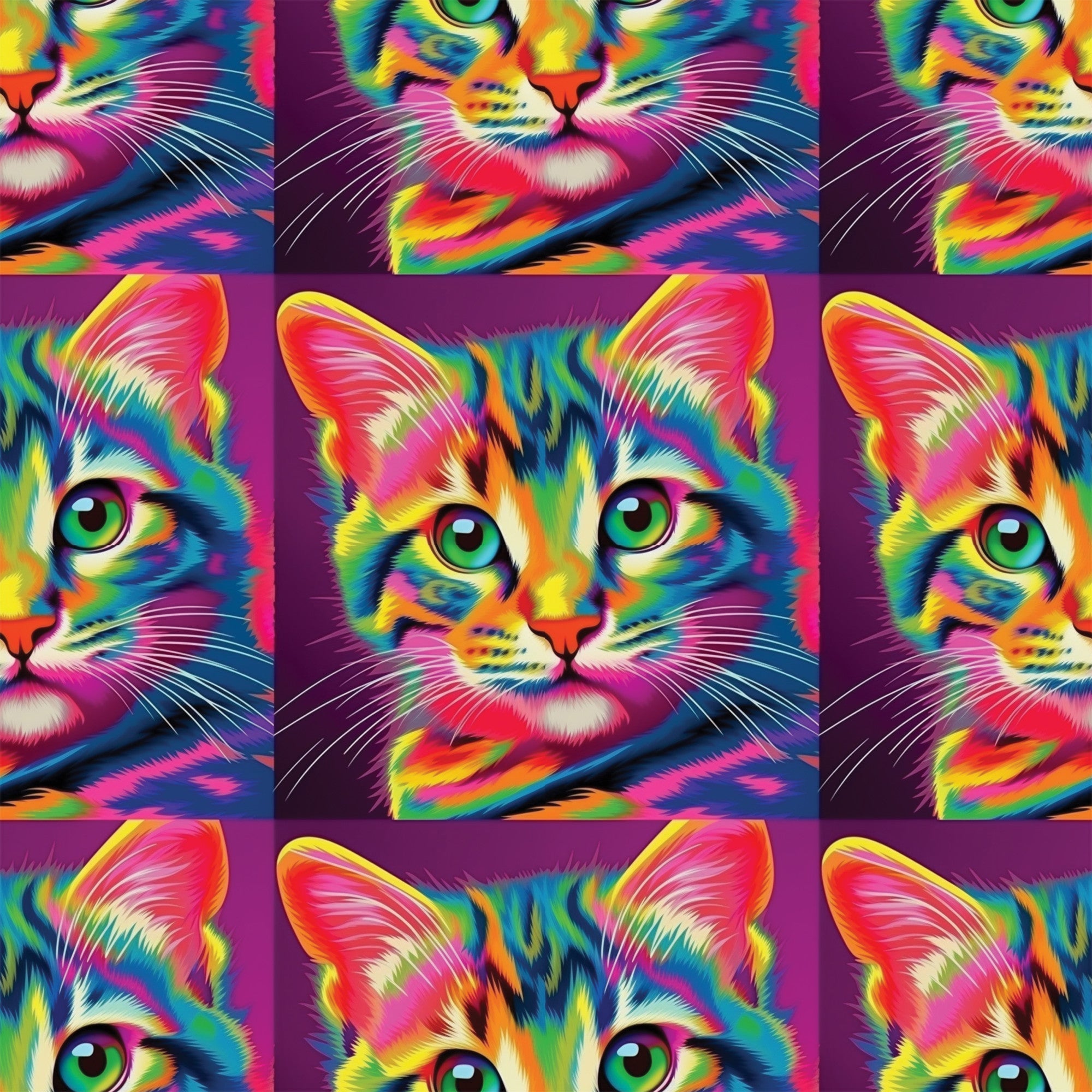colorful cats, rainbow colors, psychedelic art, neon pink, bright green, electric blue, orange accents, yellow highlights, purple background, pop art style, vibrant felines,, fabric panel, digital art, contemporary design, eye-catching, kaleidoscope effect, multicolored fur, artistic cats, crafting material