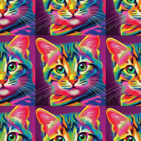 colorful cats, rainbow colors, psychedelic art, neon pink, bright green, electric blue, orange accents, yellow highlights, purple background, pop art style, vibrant felines,, fabric panel, digital art, contemporary design, eye-catching, kaleidoscope effect, multicolored fur, artistic cats, crafting material