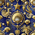 royal blue, gold, sea shells, starfish, seahorses, pearls, swans, nautical, ocean theme, ornate, baroque style, luxurious, metallic accents, scallop shells, marine life, decorative chains,, fabric panel, elegant, jewel tones