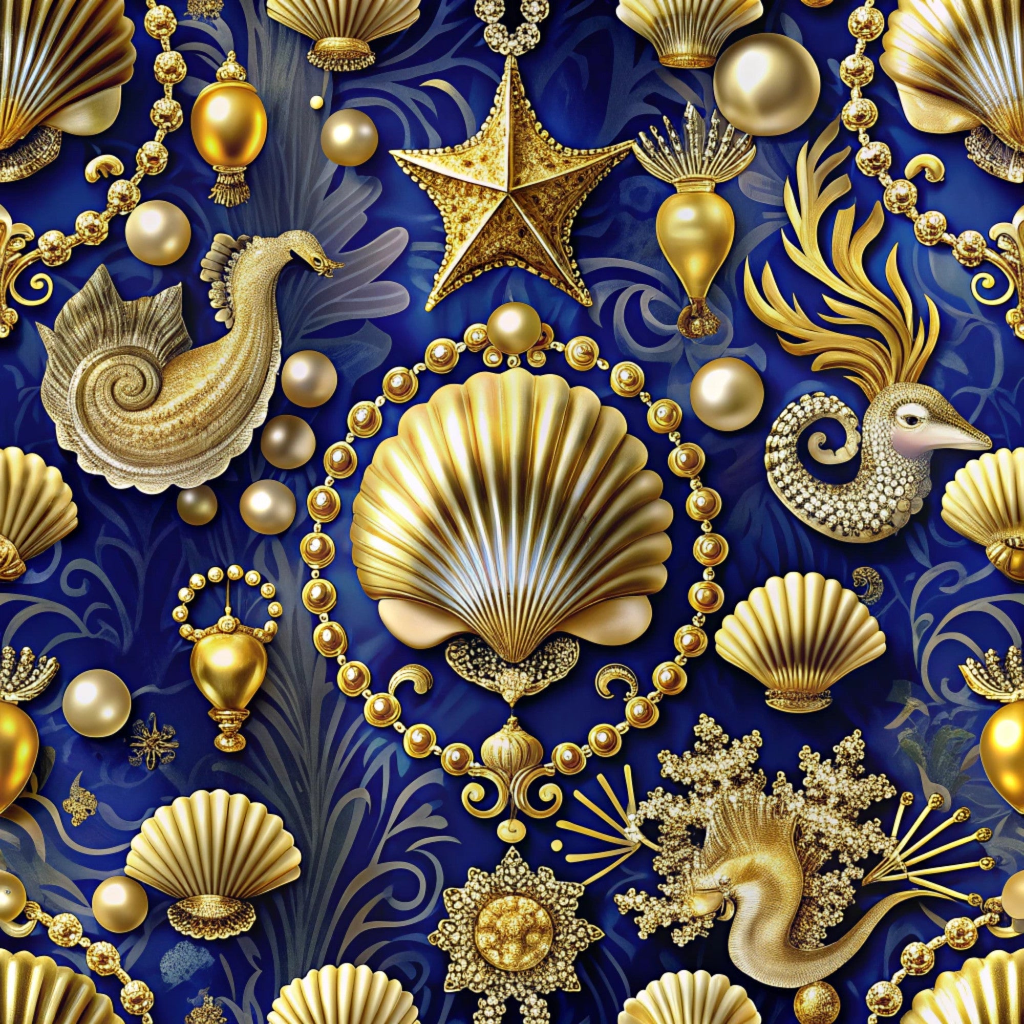 royal blue, gold, sea shells, starfish, seahorses, pearls, swans, nautical, ocean theme, ornate, baroque style, luxurious, metallic accents, scallop shells, marine life, decorative chains,, fabric panel, elegant, jewel tones