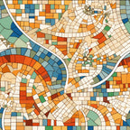 mosaic art, geometric pattern, orange tiles, blue tiles, green tiles, cream tiles, terracotta, circular swirls, curved lines, abstract design, tessellation, mediterranean style, tile work,, fabric panel, warm colors, cool colors, artistic mosaic, flowing curves, decorative pattern