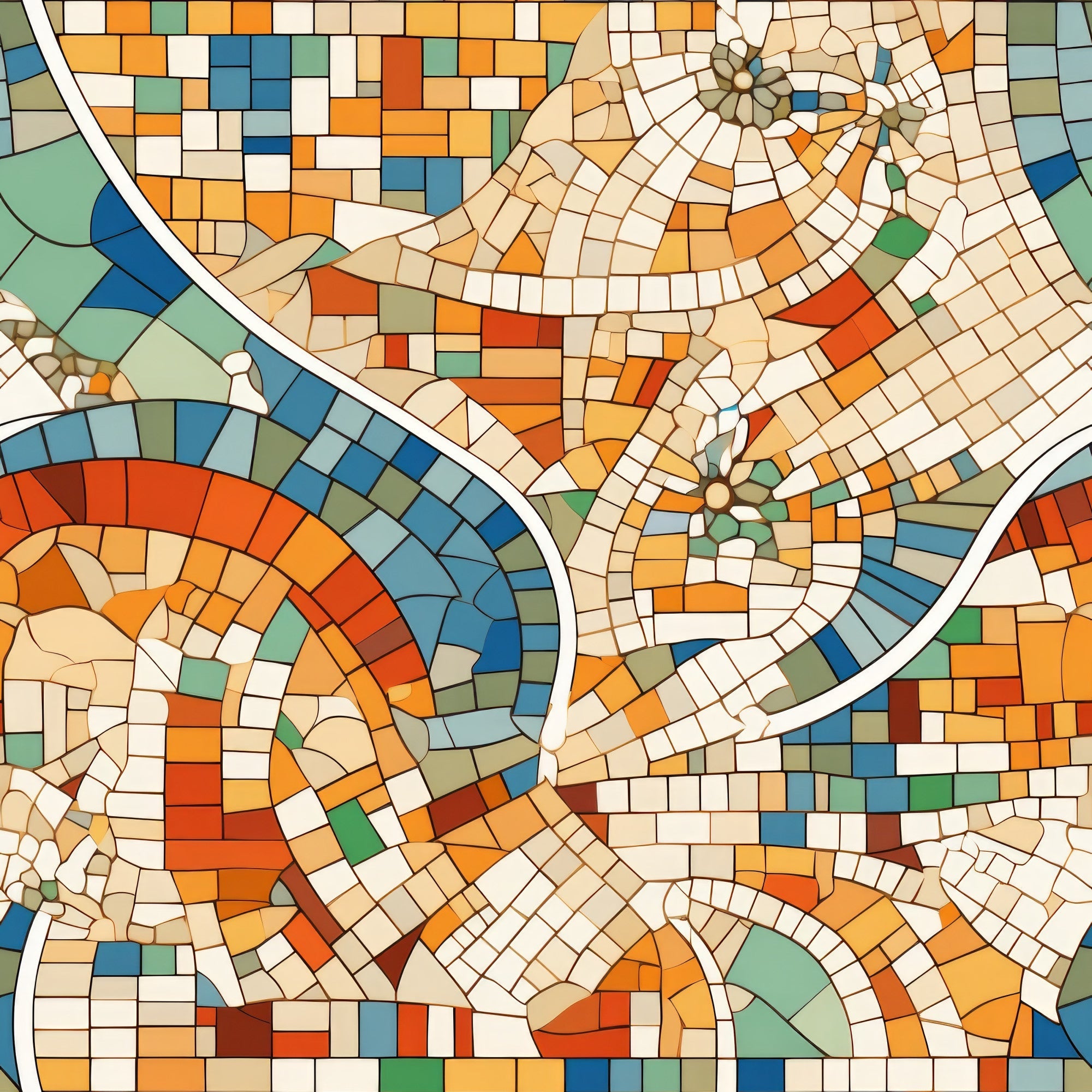 mosaic art, geometric pattern, orange tiles, blue tiles, green tiles, cream tiles, terracotta, circular swirls, curved lines, abstract design, tessellation, mediterranean style, tile work,, fabric panel, warm colors, cool colors, artistic mosaic, flowing curves, decorative pattern