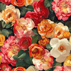 realistic flowers, floral pattern, roses, peonies, ranunculus, coral pink, deep red, peach orange, cream white, golden yellow, sage green, botanical design, layered petals, dense arrangement, romantic style,, fabric panel, spring blooms, garden flowers, vintage inspired