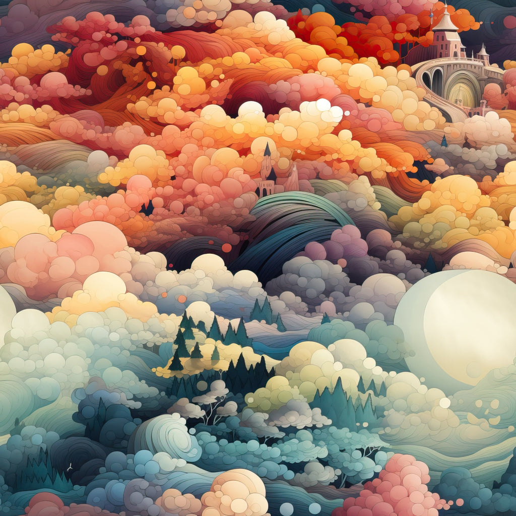 coral, peach, orange, turquoise, teal, cream, dusty rose, sage green, swirling clouds, dreamy landscape, fantasy scenery, castle towers, evergreen trees, flowing patterns, whimsical art style, sunset colors,, fabric panel, ethereal mood, nature elements