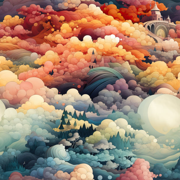 coral, peach, orange, turquoise, teal, cream, dusty rose, sage green, swirling clouds, dreamy landscape, fantasy scenery, castle towers, evergreen trees, flowing patterns, whimsical art style, sunset colors,, fabric panel, ethereal mood, nature elements