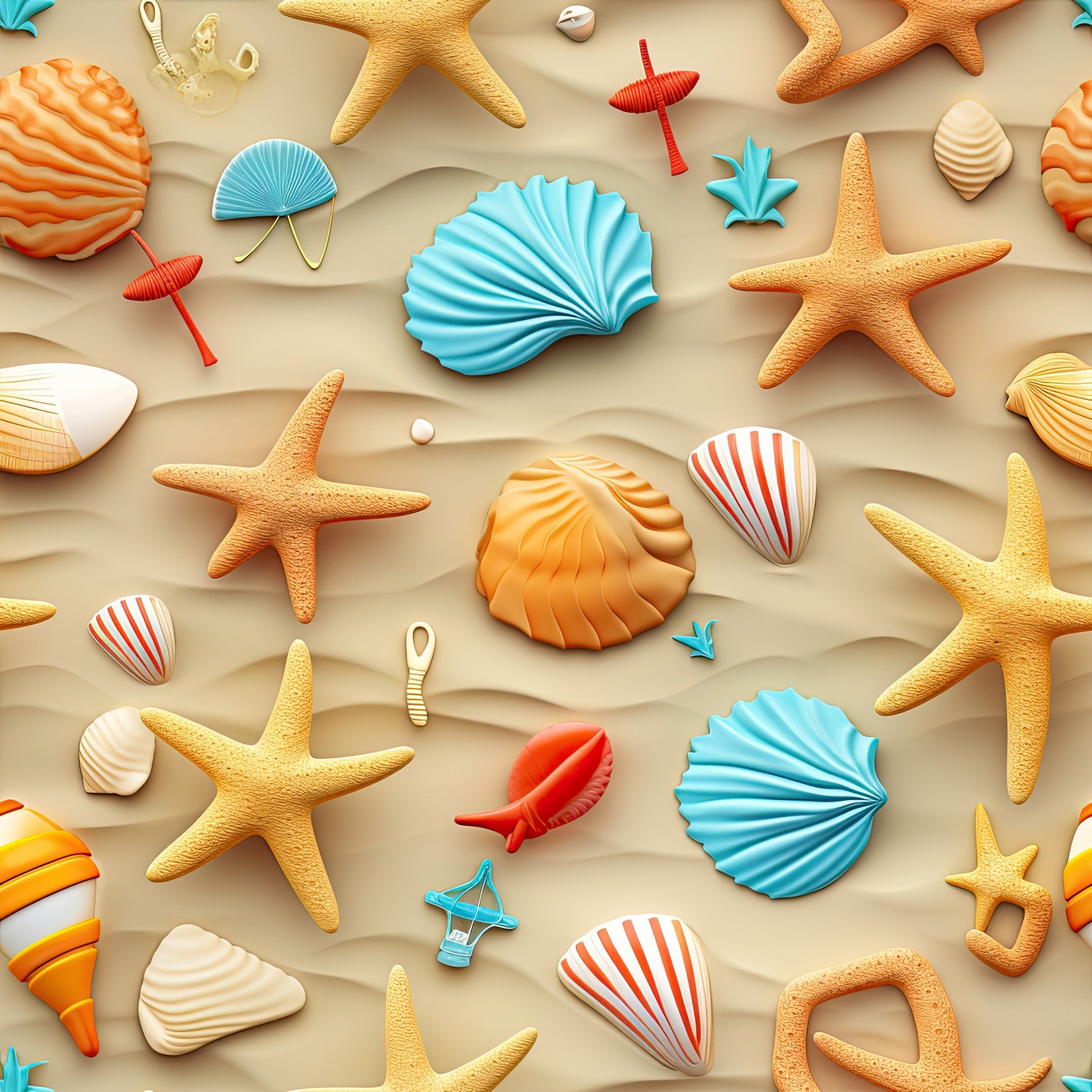 beach theme, starfish, seashells, sand background, turquoise blue, coral orange, cream white, red accents, nautical pattern, ocean life, summer vibes, coastal design,, fabric panel, tropical colors, marine motifs, seaside elements, vacation theme, bright colors, repeating pattern