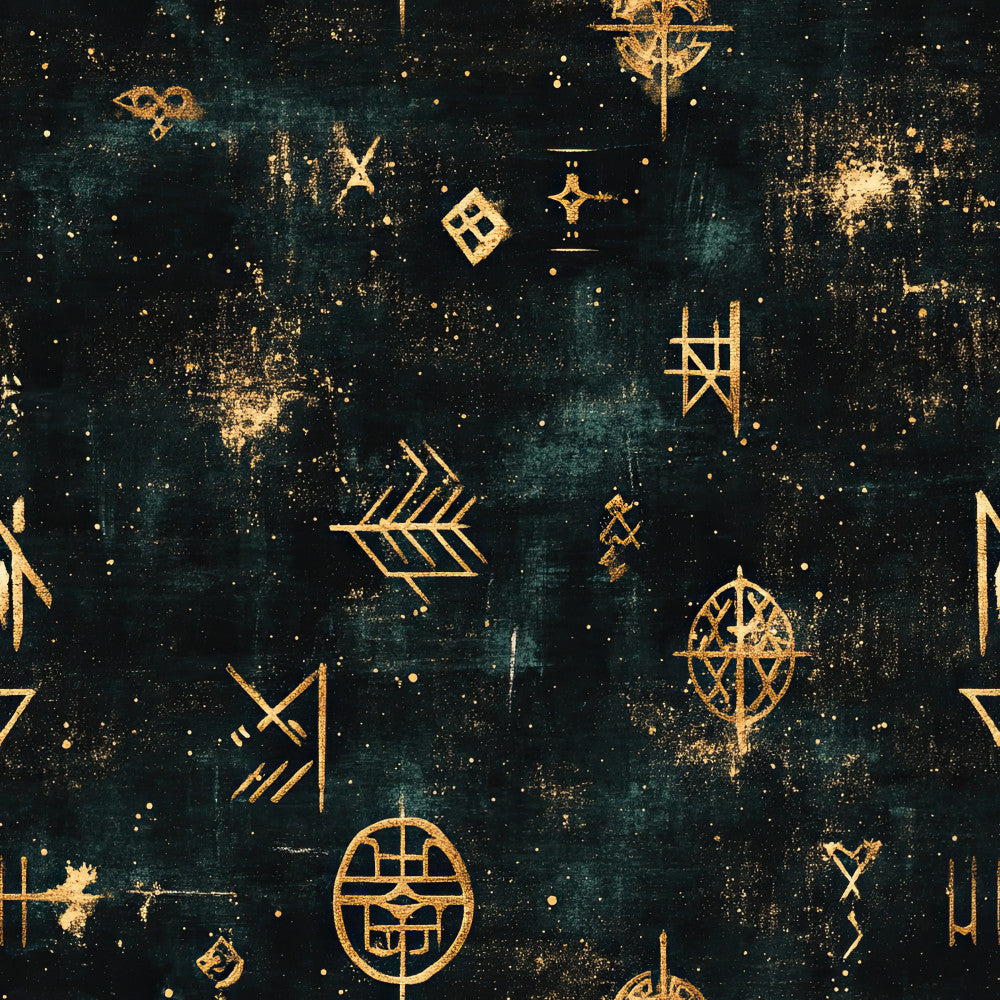 deep teal, forest green, gold, metallic gold, celestial, mystical, nautical, compass rose, ship wheel, arrows, stars, crosses, runes, viking, nordic, medieval, occult, magical, whimsical, elegant, mysterious, adventure, navigation, maritime theme, night sky, constellation, distressed, vintage, bohemian, alternative