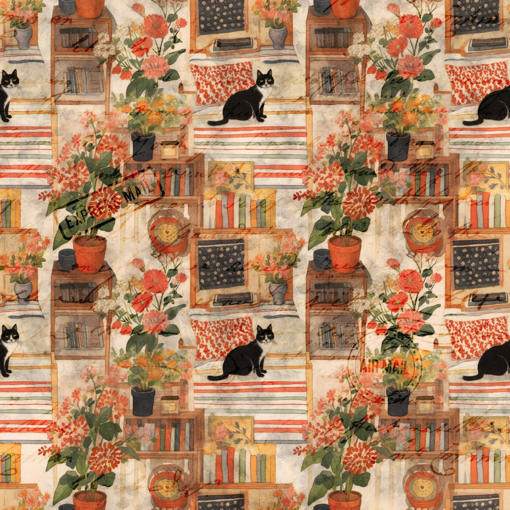 cottagecore, scrapbook style,, fabric panel, black cats, bookshelves, floral motifs, potted plants, coral flowers, orange blooms, vintage books, cozy interior, warm earth tones, rustic brown, soft beige, botanical elements, layered collage, whimsical cats, indoor garden, autumn colors