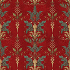 red, gold, cream, teal green, damask, floral, botanical, vintage, elegant, traditional, ornate, leaves, scrolls, acanthus, classic, formal, luxury, timeless, baroque, neoclassical, decorative, sophisticated, home decor, upholstery, curtains, wallpaper inspired, regal, autumn, heritage