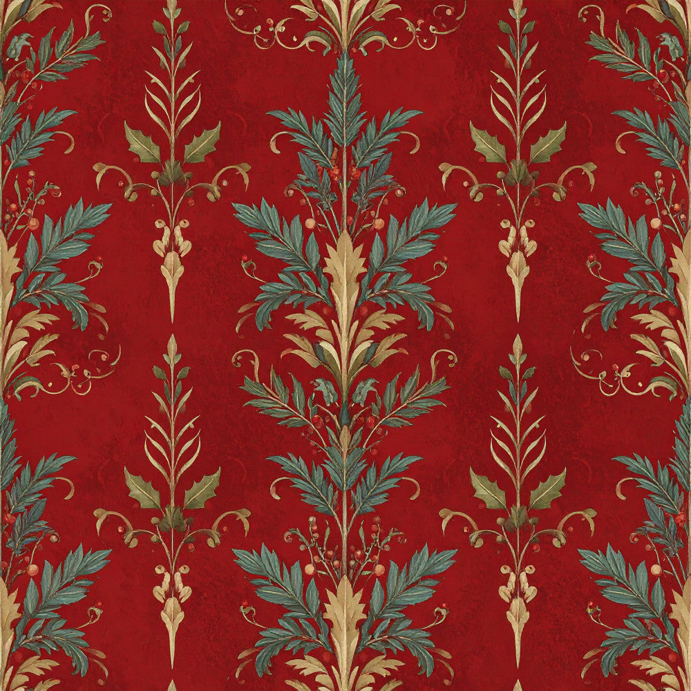 red, gold, cream, teal green, damask, floral, botanical, vintage, elegant, traditional, ornate, leaves, scrolls, acanthus, classic, formal, luxury, timeless, baroque, neoclassical, decorative, sophisticated, home decor, upholstery, curtains, wallpaper inspired, regal, autumn, heritage