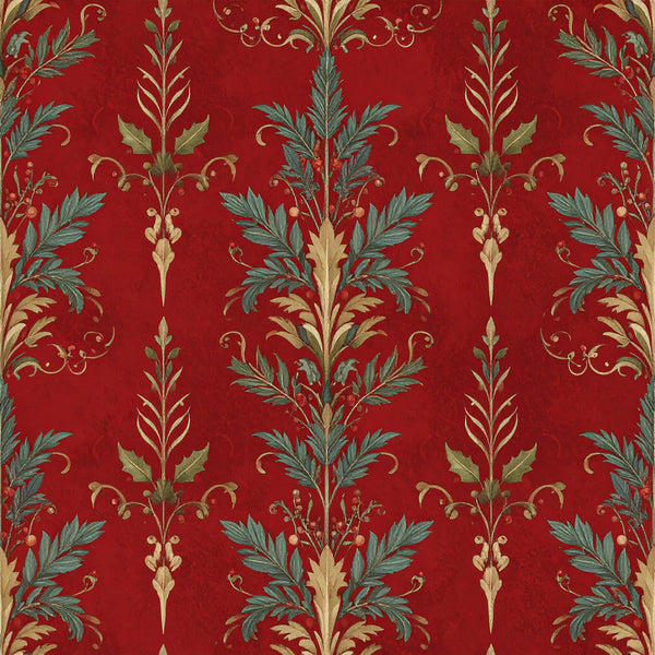 red, gold, cream, teal green, damask, floral, botanical, vintage, elegant, traditional, ornate, leaves, scrolls, acanthus, classic, formal, luxury, timeless, baroque, neoclassical, decorative, sophisticated, home decor, upholstery, curtains, wallpaper inspired, regal, autumn, heritage