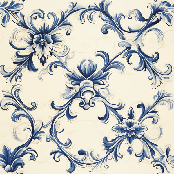 navy blue, cream, ivory, white, blue and white, delft blue, cobalt blue, ornate floral, damask, baroque, scrolls, flourishes, vintage, traditional, elegant, classical, botanical, flowers, decorative scrolls, ornamental, timeless, sophisticated, heirloom, toile-inspired, victorian, formal, graceful, curling vines, leaf motifs, french inspired