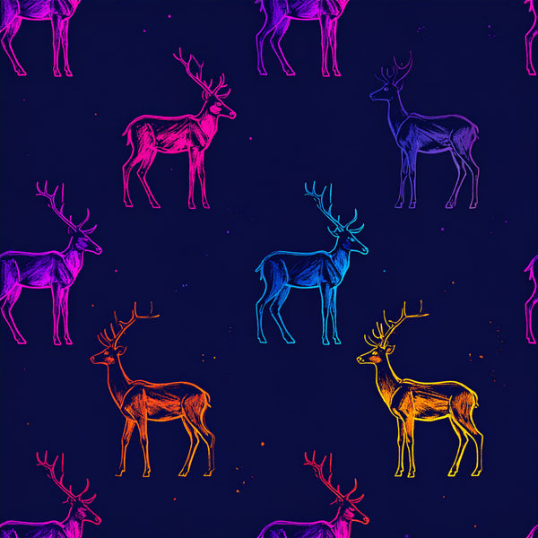 neon deer, neon animals, magenta, cyan blue, electric blue, orange, yellow gold, dark navy background, neon outline, glowing effect, celestial, modern, whimsical, geometric animals, stag, buck, reindeer, wildlife, nature, starry, cosmic, glow in the dark aesthetic, vibrant neon, contemporary, playroom, kids room, boys room, girls room, modern nursery