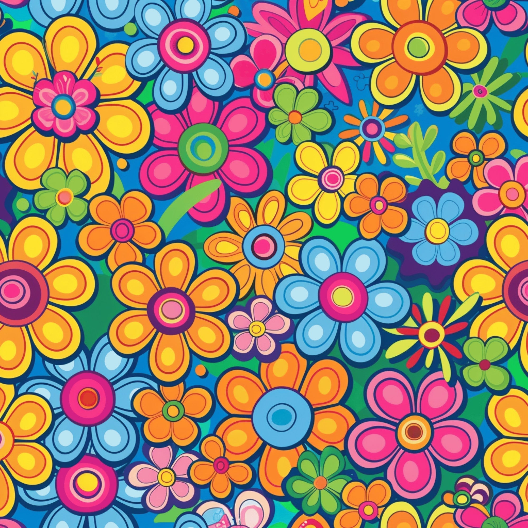 rainbow flowers, psychedelic pattern, groovy flowers, retro floral, hippie style, bright colors, yellow flowers, pink flowers, blue flowers, orange flowers, green flowers, colorful blooms, 1960s inspired, flower power,, fabric panel, cheerful mood, vibrant pattern, daisy motifs, overlapping flowers