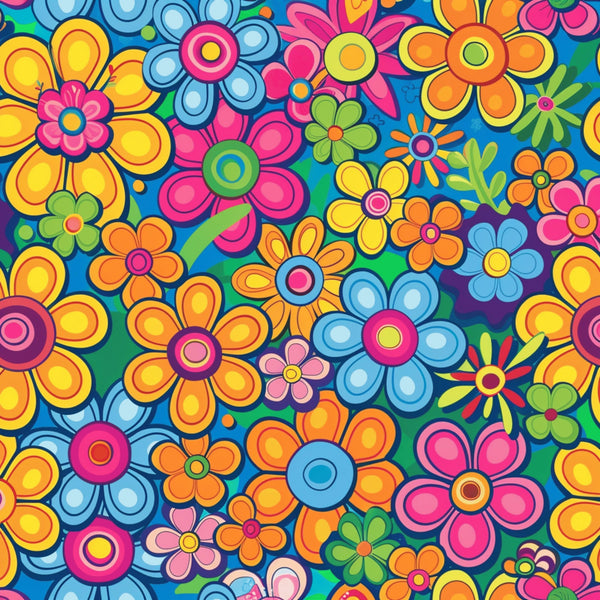 rainbow flowers, psychedelic pattern, groovy flowers, retro floral, hippie style, bright colors, yellow flowers, pink flowers, blue flowers, orange flowers, green flowers, colorful blooms, 1960s inspired, flower power,, fabric panel, cheerful mood, vibrant pattern, daisy motifs, overlapping flowers
