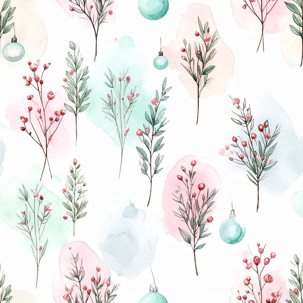 coral pink, mint green, sage green, soft pink, turquoise, watercolor, floral, berries, botanical, nature, whimsical, elegant, delicate, christmas, holiday, festive, winter, spring, nursery, baby, children, kids room, decorative branches, red berries, leaves, garden, soft pastels, gentle, peaceful, vintage