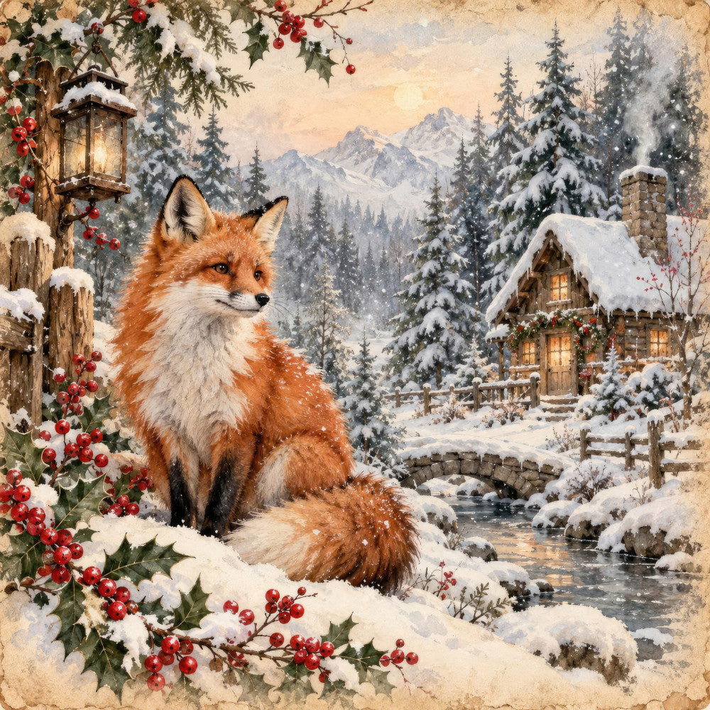 winter scene, snowy landscape, fox, wildlife, holiday, christmas, festive, red berries, holly, evergreen trees, mountain cabin, rustic, cozy, warm, gold lantern, snow-covered trees, traditional, vintage, whimsical, magical, enchanted forest, nature, woodland creatures, winter wildlife, cream, rust orange, deep red, forest green, warm gold, stone cottage