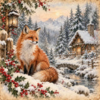 winter scene, snowy landscape, fox, wildlife, holiday, christmas, festive, red berries, holly, evergreen trees, mountain cabin, rustic, cozy, warm, gold lantern, snow-covered trees, traditional, vintage, whimsical, magical, enchanted forest, nature, woodland creatures, winter wildlife, cream, rust orange, deep red, forest green, warm gold, stone cottage