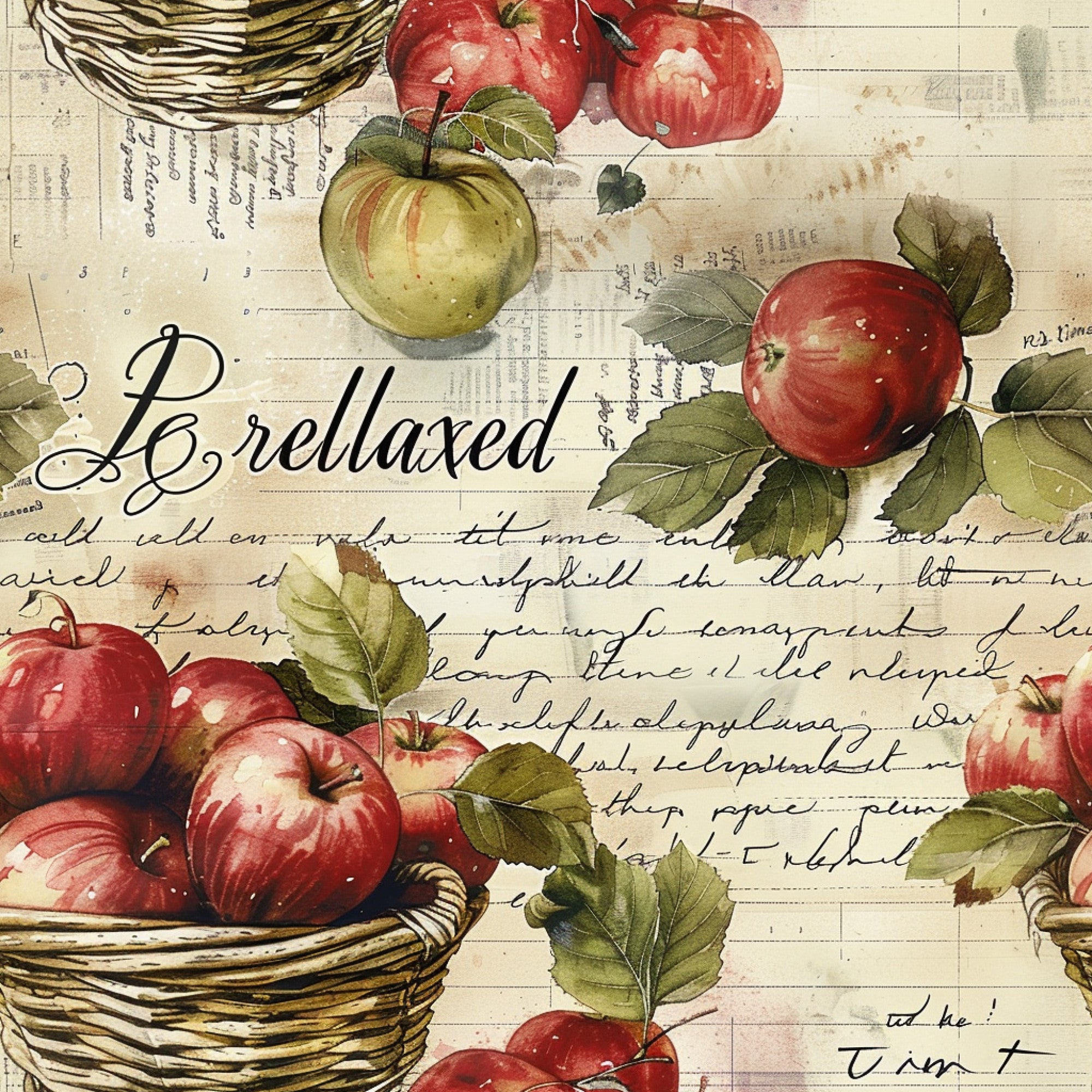 farm life, apples, red apples, green apples, wicker baskets, fruit harvest, vintage style, botanical illustration, autumn colors, cream background, handwritten script,, fabric panel, rustic charm, country theme, watercolor style, harvest season, apple picking, natural elements, aged paper texture