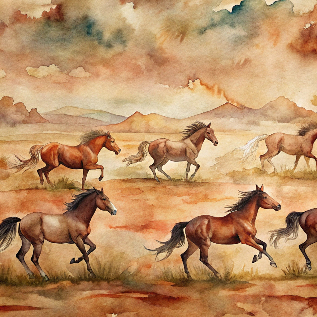 wild horses, watercolor style, brown tones, chestnut horses, galloping horses, desert landscape, southwestern scenery, mountains, cloudy sky, earth tones, rustic colors, flowing manes, running horses, western theme,, fabric panel, equestrian design, natural colors, dusty plains, horse herd
