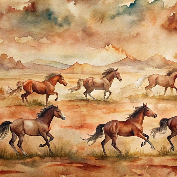 wild horses, watercolor style, brown tones, chestnut horses, galloping horses, desert landscape, southwestern scenery, mountains, cloudy sky, earth tones, rustic colors, flowing manes, running horses, western theme,, fabric panel, equestrian design, natural colors, dusty plains, horse herd