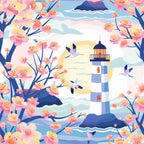 springtime lighthouse, cherry blossoms, pink flowers, blue striped lighthouse, seagulls flying, coastal scene, pastel colors, soft pink, ocean blue, yellow sun,, fabric panel, watercolor style, peaceful mood, spring blooms, maritime theme, birds in flight, lighthouse beacon, floral branches, seaside setting